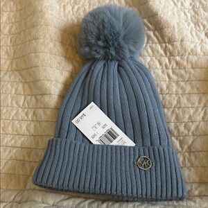 Michael Kors Gray Ribbed Beanie with Pom Pom